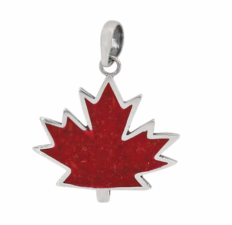 Sterling Silver and Red Sponge Coral Maple Leaf - Large - Click Image to Close